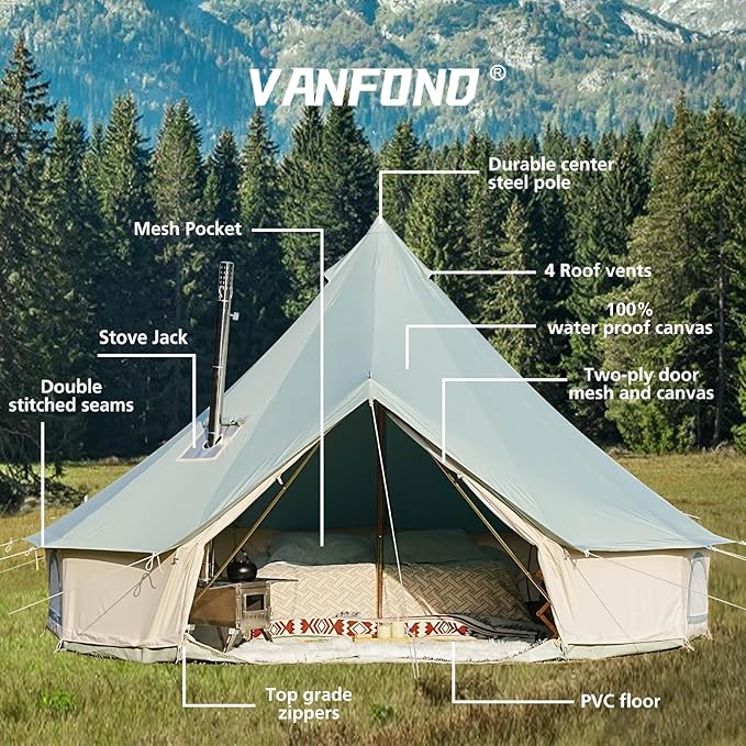 Canvas Bell Tent - 4 Seasons Glamping Tent with Stove Jack for Family Camping - Waterproof