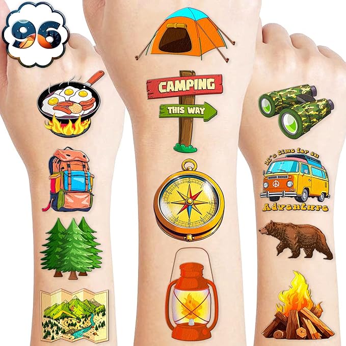 96PCS Camping Camp Camper Campfire Pre-Cut Temporary Tattoos for Kids | Super Cute Themed Birthday Party Favors, Supplies, Decorations, Fake Tattoo Stickers (multiple)
