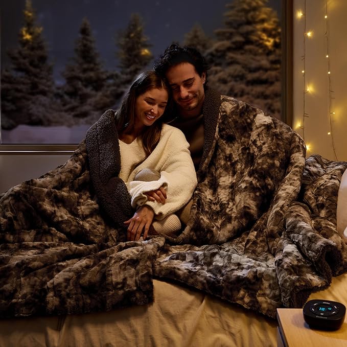 Bedsure Faux Fur Electric Blanket Queen Size, Dual Control Heated Blanket Queen, Fast Heating Blanket with 10 Heating Levels & 10 Time Settings, Cozy Gifts for Women Men (84x90 inches, Dark Chocolate)