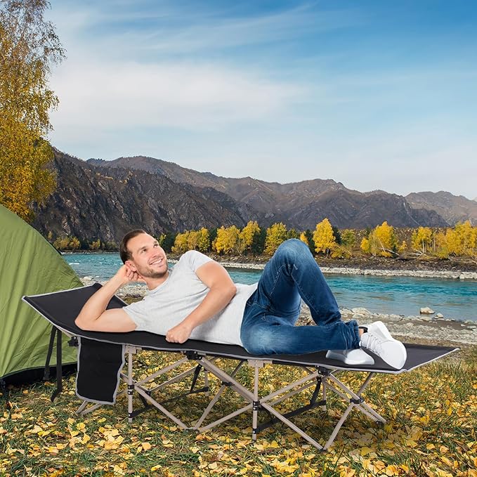 Outsunny Folding Camping Cot for Adults with Carry Bag, Side Pocket, Outdoor Portable Sleeping Bed for Travel, Camp, Vacation, 330 lbs. Capacity, Black