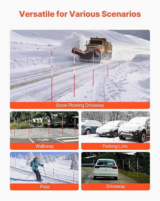 VEVOR Driveway Markers, 100Pcs 72 in Long 5/16 in Dia, Hi-Visibility Driveway Reflectors with 12 in Steel Drill Bits, Reflective Snow Sticks Fiberglass Pole for Parking Lots, Walkways, Snow Plowing