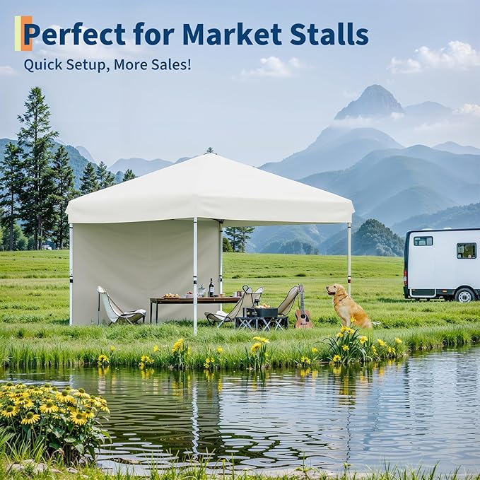 10x10 Pop Up Canopy Tent Outdoor Canopy with 3 Removable Sidewalls One-Person Set Up Heavy Duty Commercial Instant Tent Shelter-White