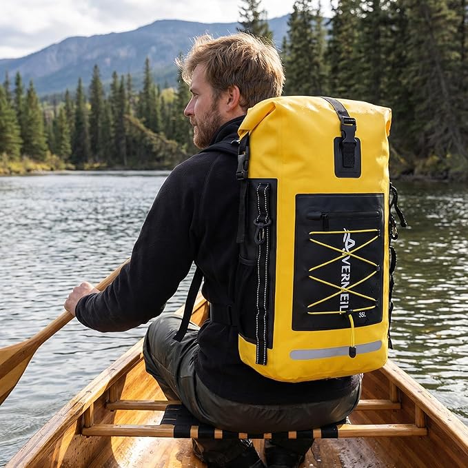 Dry Bag 35L for Men & Women Roll-Top Hiking Backpack with IPX8 Waterproof Phone Case & Detachable Mini Backpack for Kayaking Boating Cushioned Padded Back Yellow