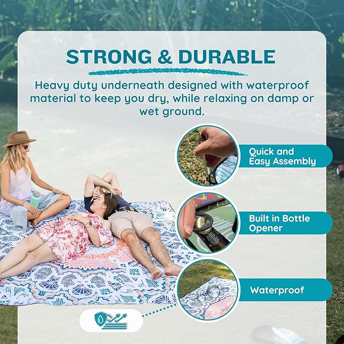 Nakie Picnic Blanket - Extra Large, Waterproof, Machine Washable, Easy Storage. Perfect for Camping, Picnics & Outdoor, Children by The Beach or Playing with Dog, 2m x 2m cm (Sound of Summer)