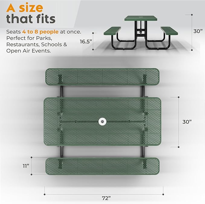 Metal Picnic Furniture for Outdoors with Umbrella Hole - Coated Steel Heavy Duty Commercial Grade Table with Adjustable Seats, Patio Set for a Lifetime (Green, 6' Rectangular)