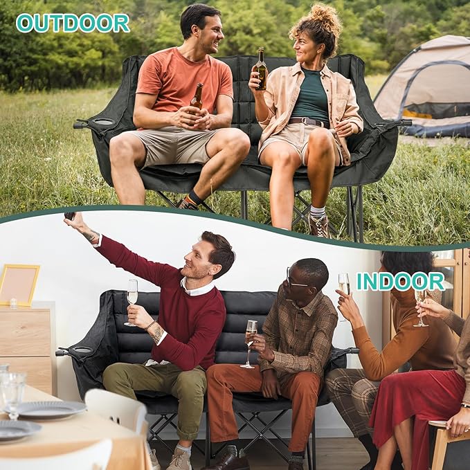 DoCred Double Camping Chair - Oversized Loveseat, 2 Person Camping Chair for Adults Heavy Duty,Two Person Folding Chairs with Cup Holder, Supports up to 500 LBS for Outside Picnic Beach Travel