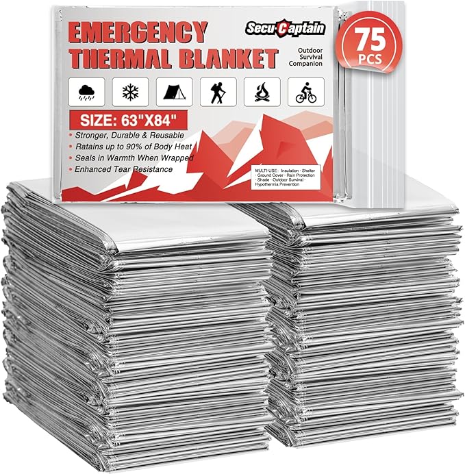 SecuCaptain Survival Emergency Thermal Blankets: 75 Pack Extra Large 84” x63” Space Mylar Blanket Kit for Outdoor Cold Winter Camping Hiking Car Bug Out Bag or First Aid
