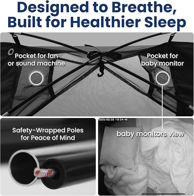 Blackout Sleep Tent for Pack and Play, Toddler Travel Bed, Kids Air Mattress & Cot, CPC Certified Baby Sleep Pod with Fan Pouch Breathable Portable & Easy Setup