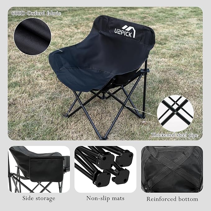 Folding Camping Chairs, Portable Moon Chair Support Up to 330Lbs with Carry Bag, Lightweight Foldable Outdoor Chair with Cup Holder, Black