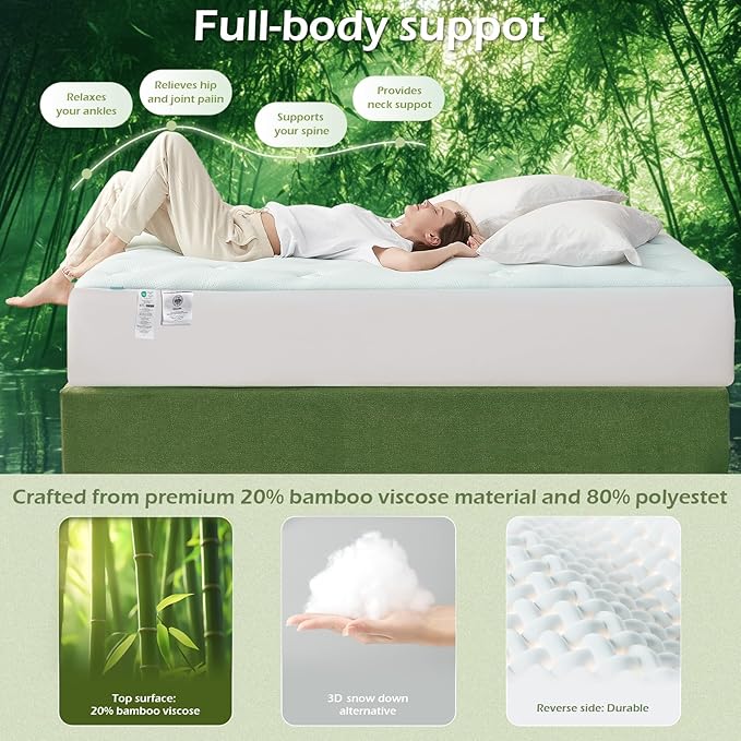 Hansleep Full Size Memory Foam Mattress Pad Topper, Full Foam Mattress Topper Viscose Derived from Bamboo, Full Bed Mattress Pad Cover for Back Pain Relief, 78" x 80", White
