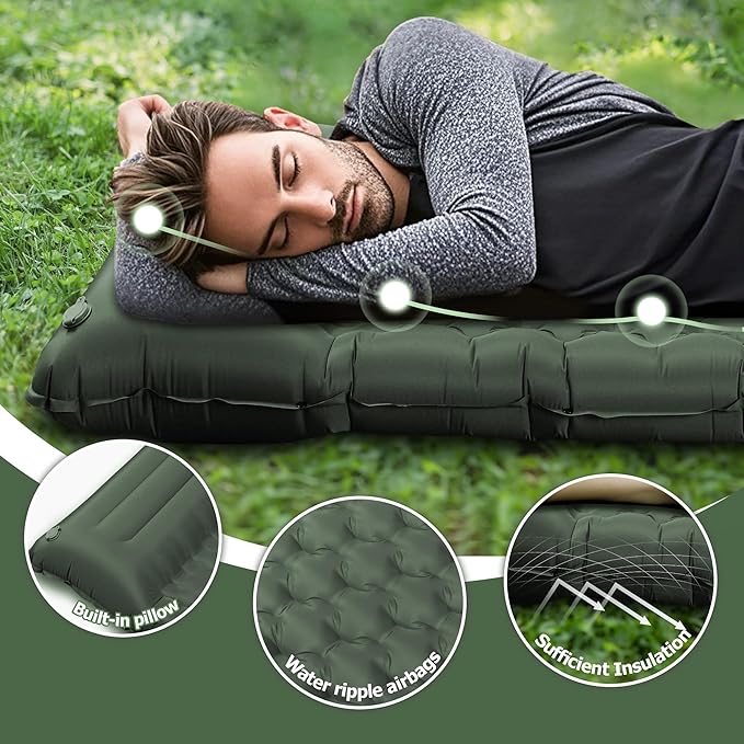 5.1" Thick Double Sleeping Pad with Foot Pump & Pillow, 77.5x53.9 2-Person Air Mattress for Camping, Ultralight & Compact for Backpacking, Hiking, Car Travel，Military Green