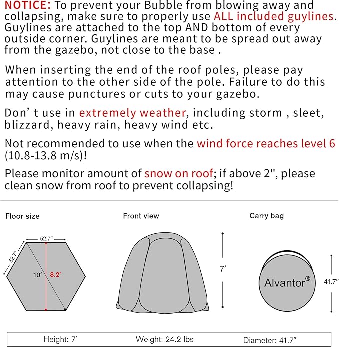 Alvantor Pop Up Bubble Tent - 10’ x 10’ Instant Igloo Tent - 4-6 Person Screen House for Patios - Large Oversize Weather Proof Pod - Cold Protection Camping - Beige