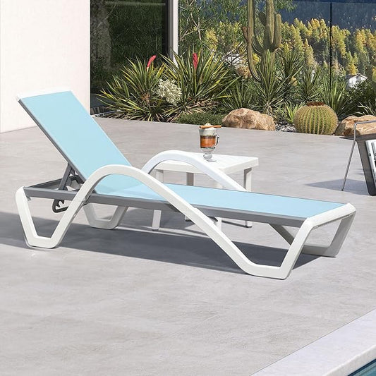 PURPLE LEAF Patio Chaise Lounge Chair Set Outside Aluminum Plastic Stackable Tanning Chairs with Armrests and Side Table for Pool Sunbathing Beach Deck Outdoor Lounger, Light Blue