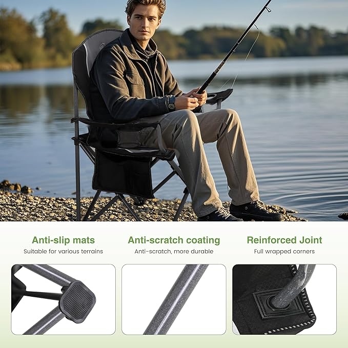 LET'S CAMP Oversized Outdoor Folding Camping Chair, Heavy Duty Arm Chair with Cup Holder and Storage Bag, 350 LBS Weight Capacity, Grey