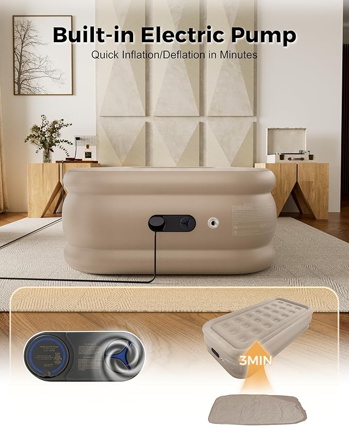 Twin Air Mattress with Built in Pump, Single Blow up Air Bed with Portable Storage Bag, Suitable for Home and Guests, Top Flocking, 18" Twin Khaki