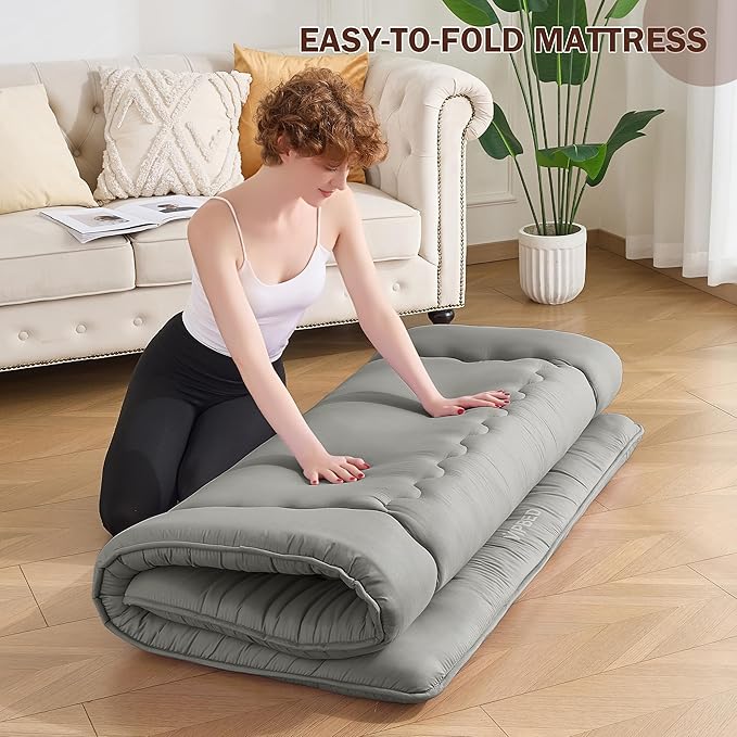 Japanese Floor Futon Mattress Full Size, 4" Thicken Foldable Mattress Tatami Mat Sleeping Pad, 25D Foam Filled Traditional Shiki Futon (shikibuton), Designed in Japan (Dark Grey 54"x 80")