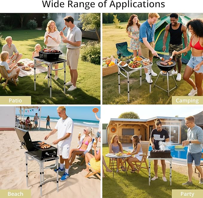 2ft Folding Grill Table, Adjustable Height Max 27.5" Aluminum Camping Table, Heat-Resistant Tabletop, Lightweight, Portable Handle for Travel Cooking BBQ Picnic, 22.8" x 16", Silver