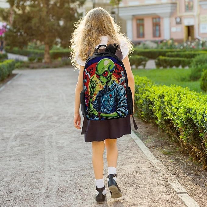 Men Women Polyester Psychedelic Space Alien Smoking Art Backpack Large Capacity Bookbag With Smooth Zippers for Climbing Picnic Bicycle