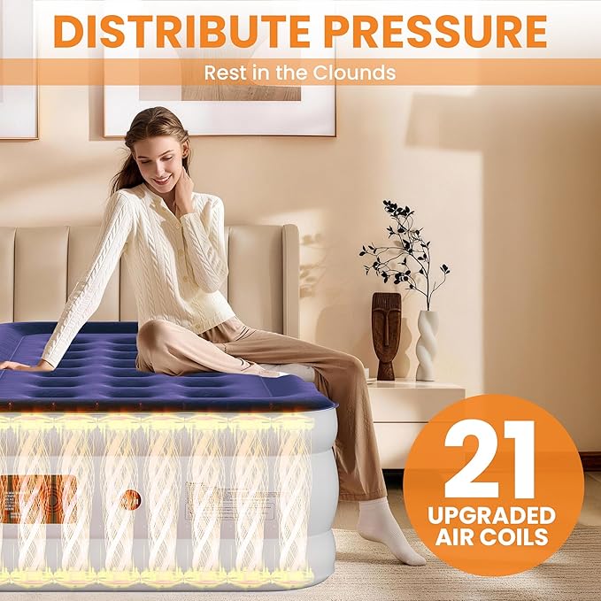 Twin Air Mattress with Built-in Pump, 18 Raised Inflatable Air Mattress, 500 lbs Max Honeycomb Comfortable Air Bed with Storage Bag, for Camping, Home and Guest Use
