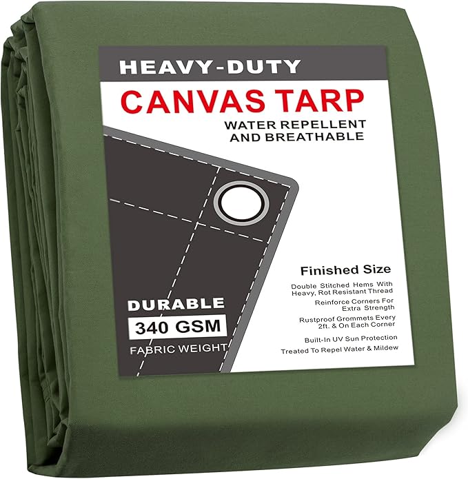 CARTMAN Finished Size 8x10 Feet Canvas Tarp with Rustproof Grommets, Heavy Duty Multipurpose Tarpaulin Cover for Canopy Tent, Roof, Camping, Woodpile