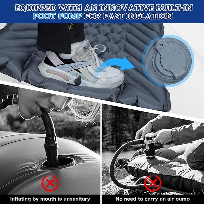 Camping Sleeping Pad, Inflatable Ultralight Camping Mat with Pillow, Built-in Foot Pump Air Mat for Traveling Tent Camping Hiking Backpacking (Gray)