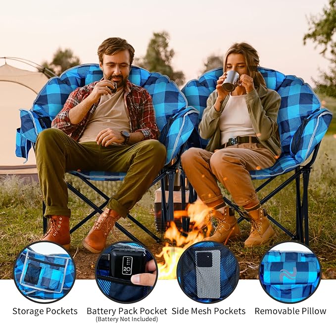 2 Pack Oversized Heated Camping Chair, 3 Heating Levels Portable Folding Camp Chairs with Pillow and Storage Bag, Outdoor Heated Moon Chair for Camping Lawn Patio Beach and Picnics, Blue Grid