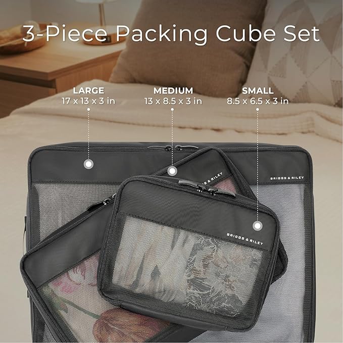 Briggs & Riley Compression Packing Cube Set for Women & Men - Bag Organizer for Checked Suitcase & Luggage, Pack Accessories for Vacation - 3-Piece, Black