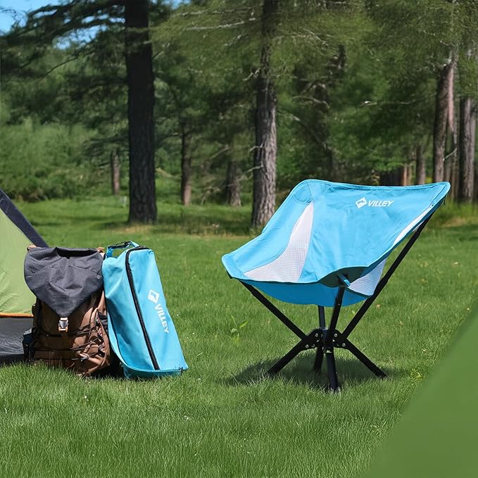 VILLEY Portable Folding Chair Lightweight Camping Chair No Assembly Needed, Quick Setup for Beach, Hiking, Supports 330 LBS, Blue, 2-Pack