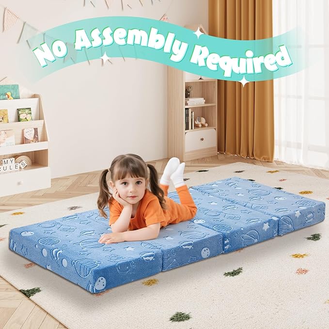 MeMoreCool Kids Folding Mattress, Trifold Mat Foldable Floor Mattress for Kids, 63x26 Tri Fold Floor Mat with Washable Cover and Carry Bag, Portable Floor Mat for Sleepover Daycare, Blue Astronaut