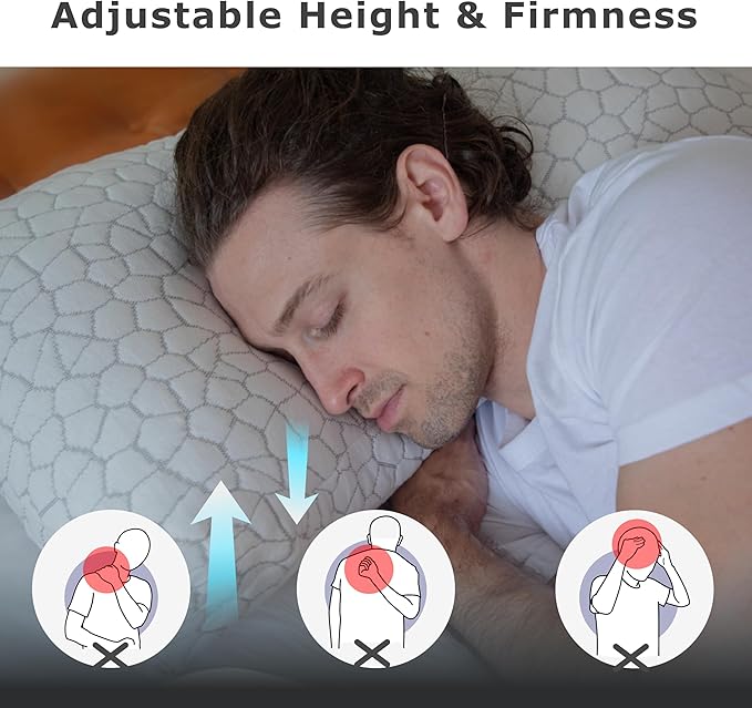 Pharmedoc Adjustable Shredded Memory Foam Bed Pillow - Perfect for Side Sleeper - Rectangular - Neck Support for Pain Relief - Queen Size - Extra Filling Pack