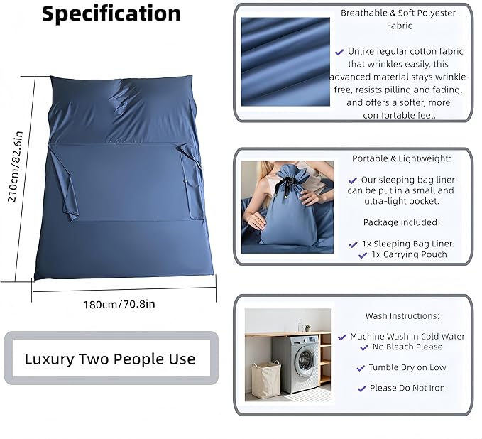 Sleeping Bag Liner for Adults, Lightweight Travel Sleep Sack with Carry Bag, Compact Portable Sleeping Sheet for Camping, Hiking, Hostels, Hotels and Backpacking