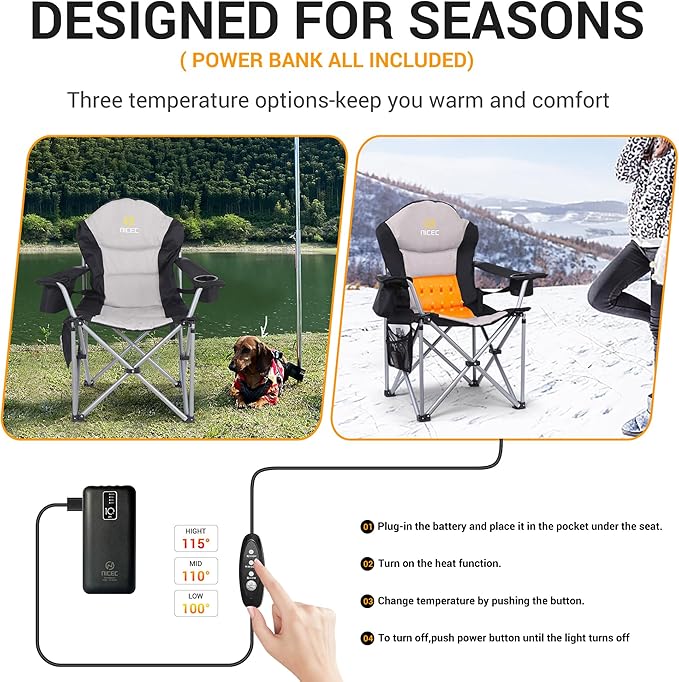 Nice C Heated Camping Chair with Battery, Outdoor Heated Chair, Heated Camping Chairs for Adults, Folding Chair, Beach Chair, Heavy Duty Cooler, Carry Bag, 10000mAh Power Bank Included (2 Pack)