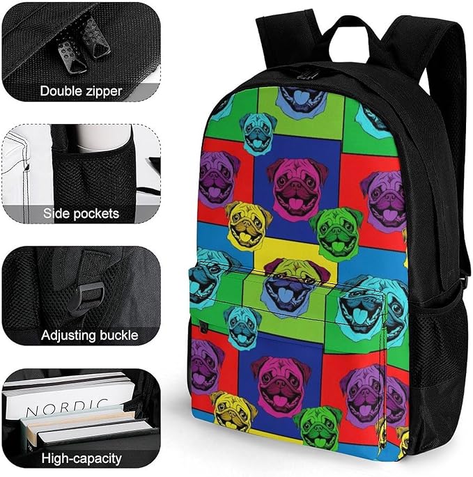 Backpack Polyester Anti-Theft Multipurpose Colorful Pug Dog Bookbag Large Capacity Laptop Book Bag Rucksack With Side Pockets