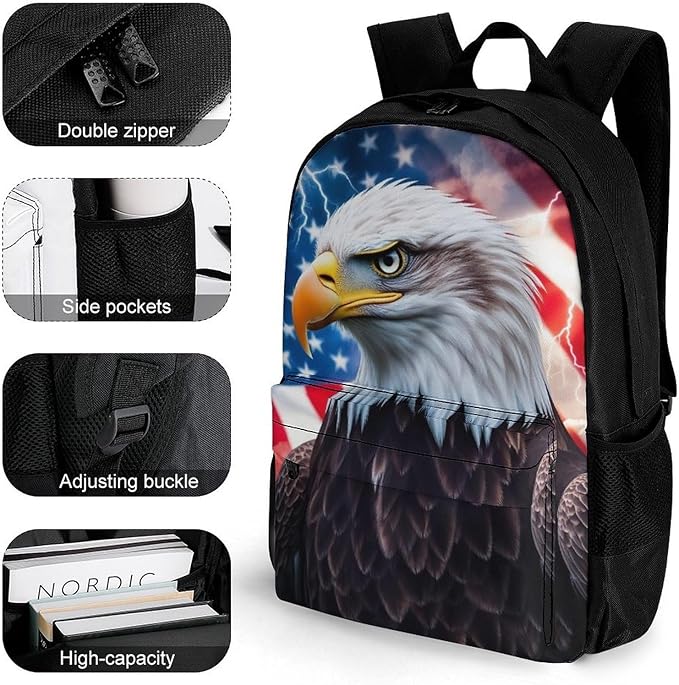 Supdreamc Lightweight Daypack Backpack for Trekking Work Running, Big Capacity Multipurpose Anti-Theft Bookbag, American Flag Cool Bald Eagle Business Computer Bag