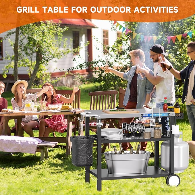 Grill Table, Stainless Steel Grill Cart with Three-Shelf, Movable Pizza Oven Table with Side Tray ＆ Trash Bag Holder, Outdoor Grill Stand with Hooks for Food Prep, Outside Tailgating, Camping