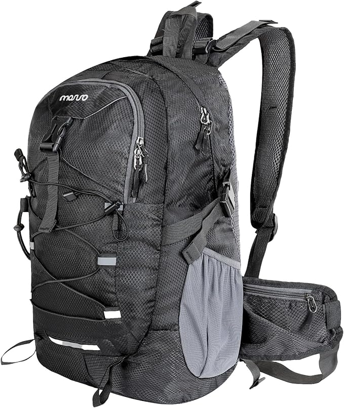 MOSISO 30L Lightweight Hiking Daypack Packable Backpack for Men Women, Casual Foldable Day Pack Shoulder Bag with 2 Front Pocket&Elastic Cord Strap for Travel Outdoor Camping, Black