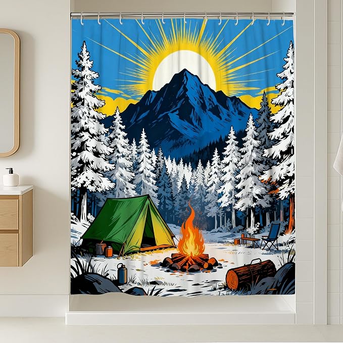 Mountain Shower Curtain, Nature Outdoor Tent Campfire Summer Blue Waterproof Fabric Bathtub Cloth Curtains Decor for Bathroom Guest Room 54x78 Inch