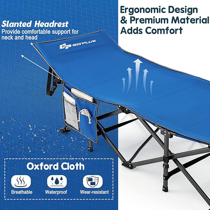 Goplus Folding Camping Cot, 27.5" Sleeping Cot for Adults with Carry Bag, 600LBS Weight Capacity, Slanted Head, Side Pocket, Heavy Duty Portable Camping Bed for Kids, Beach, Office Snap (Blue)