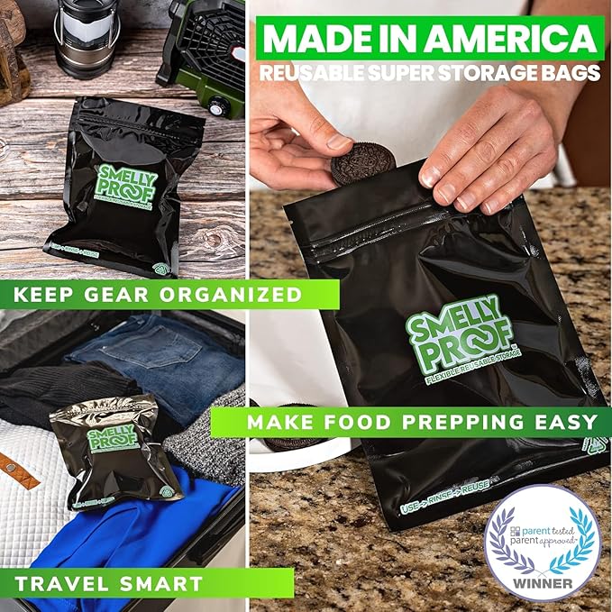 Smelly Proof Reusable Food Storage Bags, Black 4-Mil Thick, Heavy Duty Reusable Snack Bags, Reusable Freezer Bags, BPA-Free, No PEVA, Non-Silicone, 6.5” x 7.5”, 50-Pack