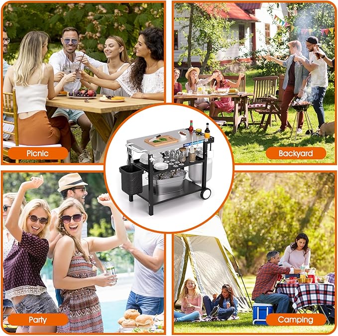 Grill Table, Stainless Steel Grill Cart with Three-Shelf, Movable Pizza Oven Table with Side Tray ＆ Trash Bag Holder, Outdoor Grill Stand with Hooks for Food Prep, Outside Tailgating, Camping