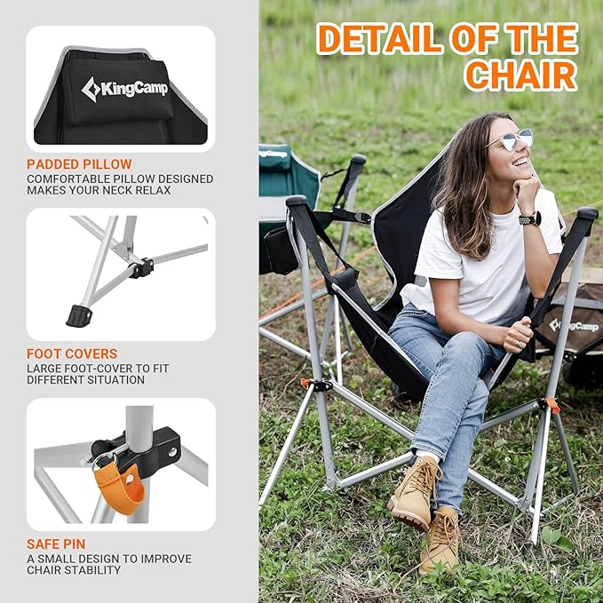 KingCamp Hammock Chair with Footrest, Swinging Portable Folding Camping Chairs for Adults MAX 440lbs Heavy Duty Foldable Oversized Rocker with Cup Holder Pillow for Outdoor Beach Patio Sport Lawn