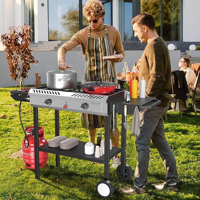 Bonnlo 2 Burner Propane Gas Burner with Auto Ignition, 150000 BTU Camping Stove with Storage Shelf and Rolling Wheels, Portable Outdoor Cooker for Patio Backyard Cooking Frying Boiling and Stewing