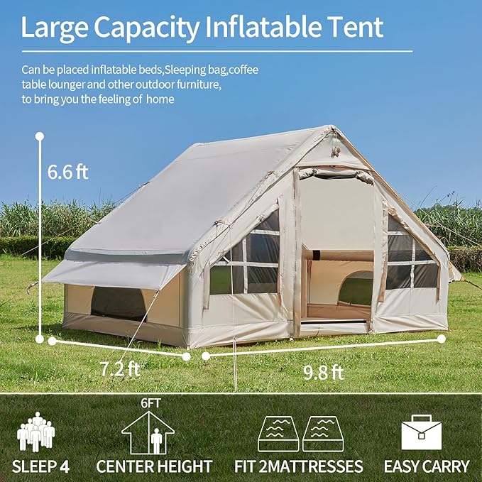 Inflatable Tents for Camping with Stove Jack, 2/4/6/8 Person Easy Setup Blow Up Tents for 4 Seasons Waterproof Inflatable Camping Tent with Awning, Air House Glamping Tents for Camping Adult