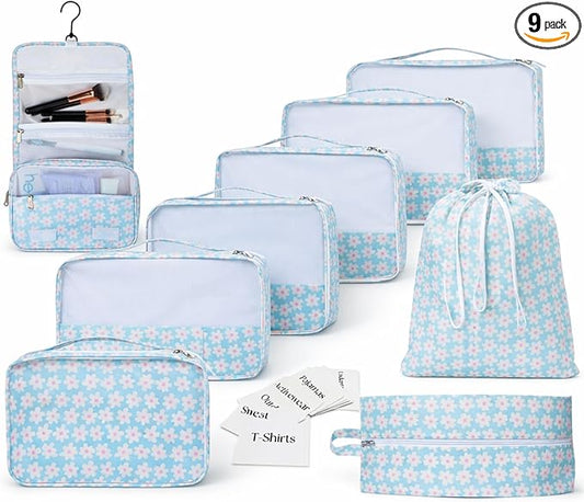 Packing Cubes Set – Cute Packing Cubes for Travel, Luggage Organizer Bags for Suitcase, For Kids & Family, Floral, Neutral & Aesthetic Travel Organizer Set-Blue Flower