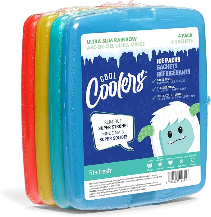 Cool Coolers by Fit & Fresh Slim Ice Packs, Quick Freeze, Space-Saving, Reusable Ice Packs for Lunch Boxes & Coolers