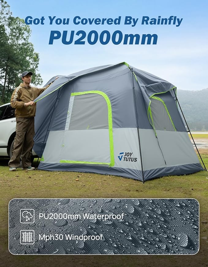JOYTUTUS Dual-Use SUV Tent, SUV Tents for Camping with Rainfly, Strong Four Steel Frame Poles, 4-6 Person Car Tent with Ventilated Double Door Design, Movie Screen, Fit for SUV CUV Van