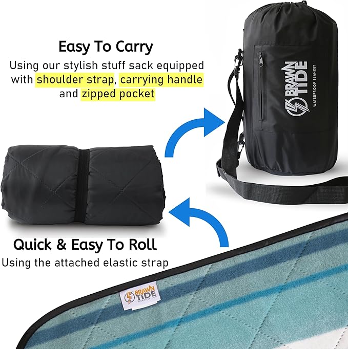 BRAWNTIDE Large Outdoor Waterproof Blanket - Extra Thick Fleece, Warm, Windproof, Sandproof, Quilted, 82" x 55", Ideal for Beaches, Picnics, Camping, Stadiums, Dogs, Car