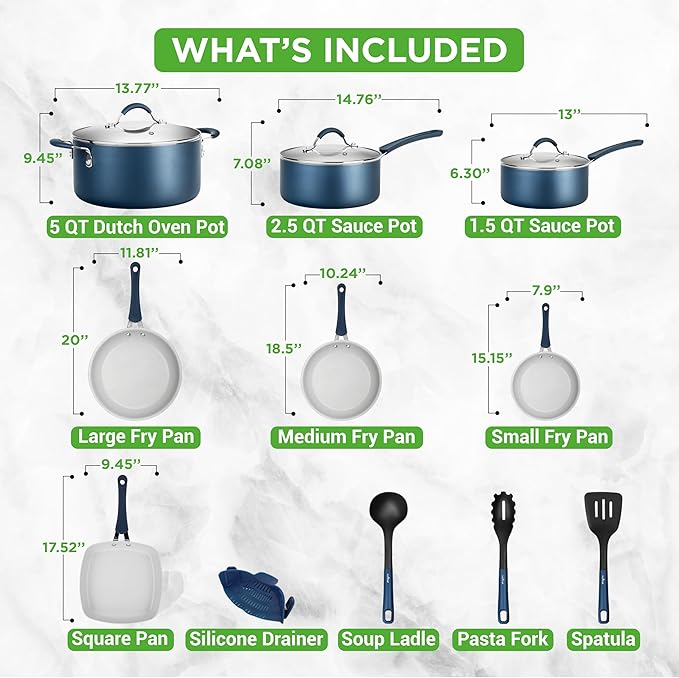 NutriChef Professional 20 Pc Kitchen Set in Navy Blue - Durable Non-Stick Pots and Pans with Bakeware, Compatible with Any Cooktop, Easy Clean