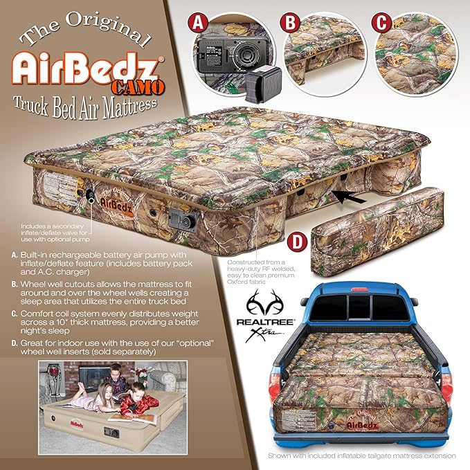 Pittman Outdoors AirBedz Tacoma 6.5 Foot Truck Bed Mattress – Full Size Air Mattress with 25% More Coverage – Pickup Bed Camping Mattress – Camo
