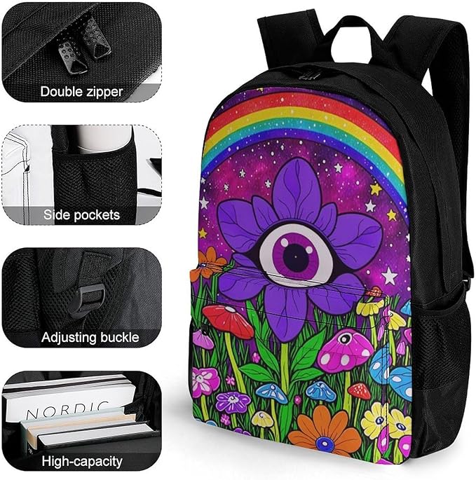 Supdreamc Shoulder Book Bags Anti-Theft Multipurpose Big Capacity Bookbag, Trippy Psychedelic Magic Eye Flower Art Travel Hiking Backpack With Smooth Zippers